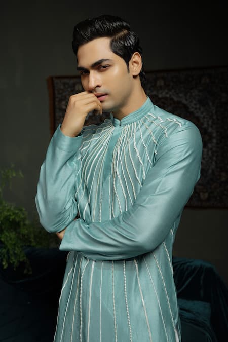 Buy_Runit Gupta_Aqua Chanderi , Vegan Beads Sunrays Embroidered Kurta Set _Online_at_Aza_Fashions