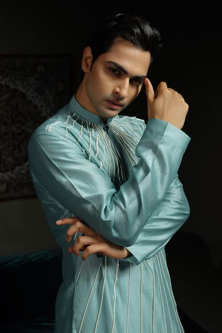 Shop_Runit Gupta_Aqua Chanderi , Vegan Beads Sunrays Embroidered Kurta Set _Online_at_Aza_Fashions