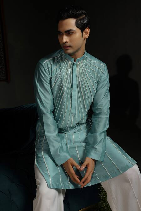 Runit Gupta_Aqua Chanderi , Vegan Beads Sunrays Embroidered Kurta Set _at_Aza_Fashions