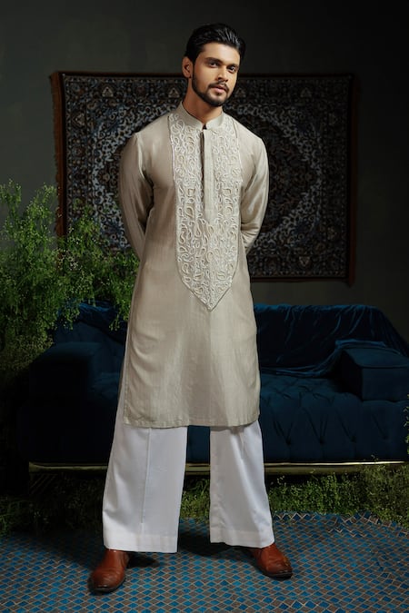 Runit Gupta_Gray Chanderi , Vegan Beads, Embroidery Paisley Pour Kurta Set _Online_at_Aza_Fashions