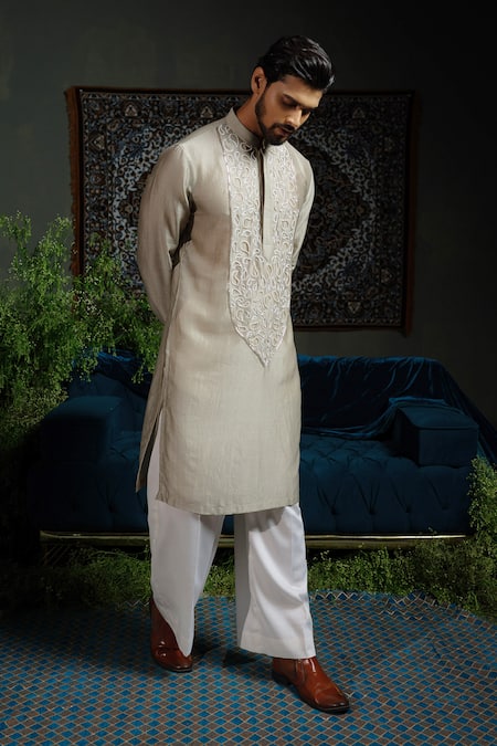 Buy_Runit Gupta_Gray Chanderi , Vegan Beads, Embroidery Paisley Pour Kurta Set _Online_at_Aza_Fashions