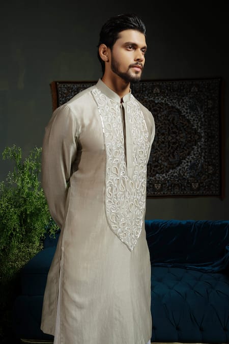 Shop_Runit Gupta_Gray Chanderi , Vegan Beads, Embroidery Paisley Pour Kurta Set _Online_at_Aza_Fashions