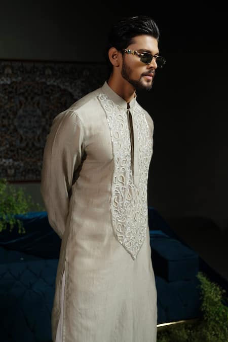 Runit Gupta_Gray Chanderi , Vegan Beads, Embroidery Paisley Pour Kurta Set _at_Aza_Fashions