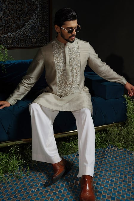 Buy_Runit Gupta_Gray Chanderi , Vegan Beads, Embroidery Paisley Pour Kurta Set 