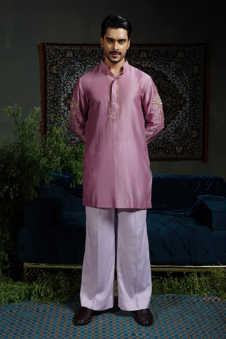 Runit Gupta_Purple Chanderi , Vegan Embroidery Petal Kurta Set _Online_at_Aza_Fashions
