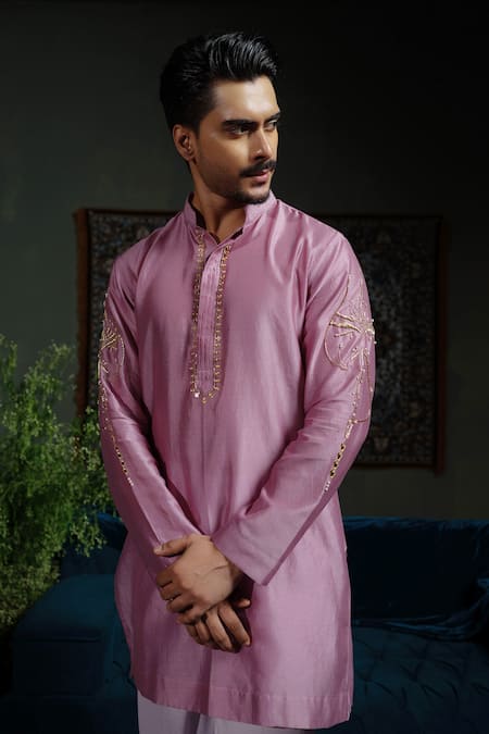 Shop_Runit Gupta_Purple Chanderi , Vegan Embroidery Petal Kurta Set _Online_at_Aza_Fashions