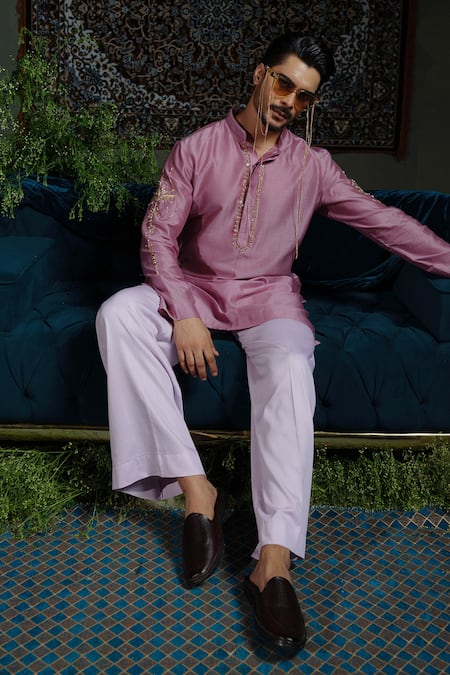 Runit Gupta_Purple Chanderi , Vegan Embroidery Petal Kurta Set _at_Aza_Fashions