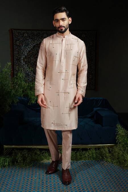 Runit Gupta_Peach Chanderi , Vegan Embroidery Dusty Geometry Kurta Set _Online_at_Aza_Fashions