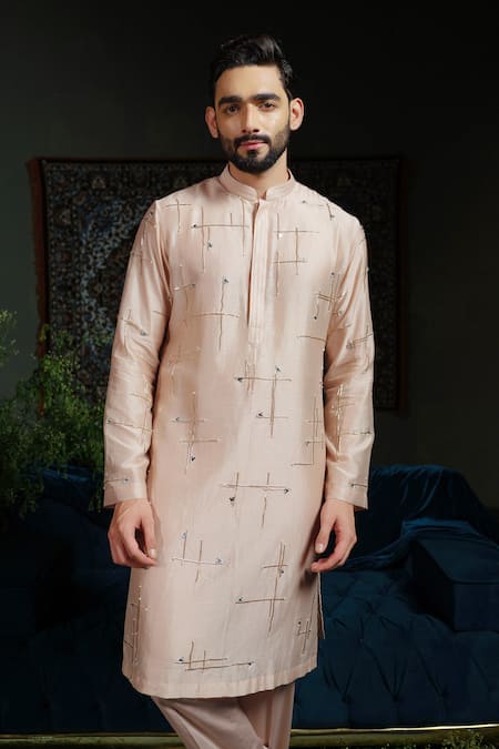 Shop_Runit Gupta_Peach Chanderi , Vegan Embroidery Dusty Geometry Kurta Set _Online_at_Aza_Fashions