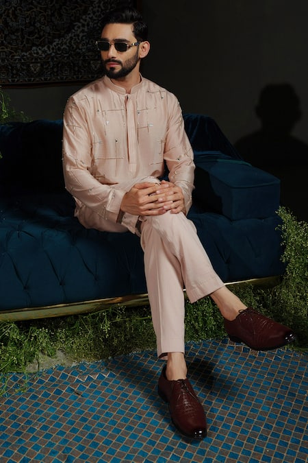 Runit Gupta_Peach Chanderi , Vegan Embroidery Dusty Geometry Kurta Set _at_Aza_Fashions