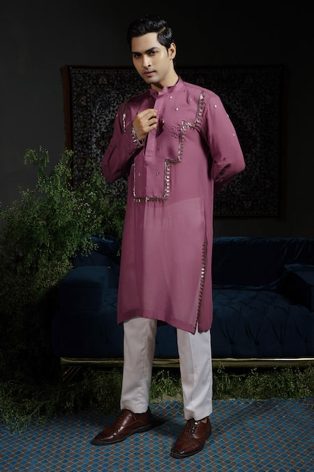 Shop_Runit Gupta_Purple , Georgette, Vegan Applique Panel Embroidered Kurta Set _Online_at_Aza_Fashions