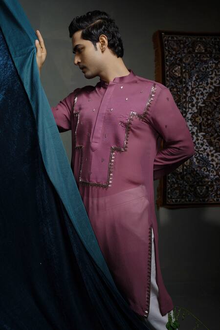 Runit Gupta_Purple , Georgette, Vegan Applique Panel Embroidered Kurta Set _at_Aza_Fashions