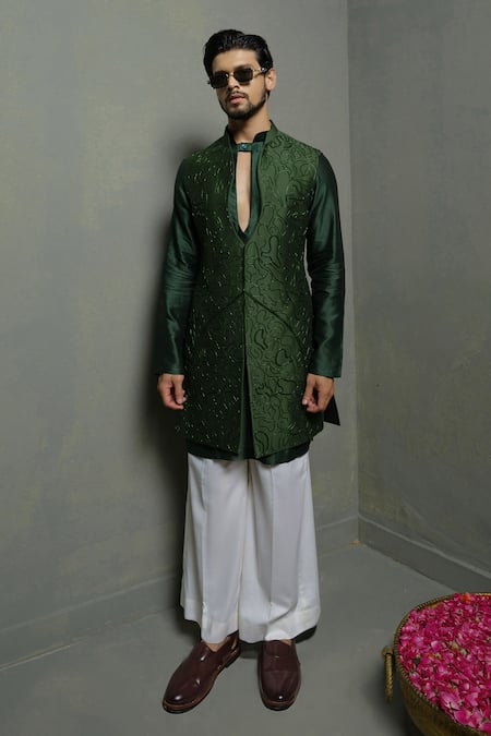 Runit Gupta Forest Chanderi Silk Nehru Jacket 