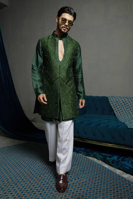 Runit Gupta_Green Chanderi Silk Embroidery Forest Nehru Jacket _Online_at_Aza_Fashions