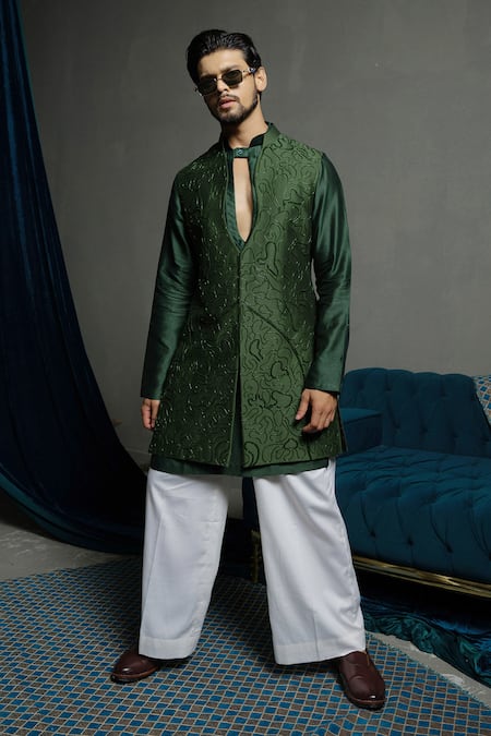 Buy_Runit Gupta_Green Chanderi , Vegan Embroidery Forest Long Bundi Jacket Set _Online_at_Aza_Fashions