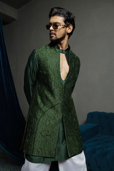 Shop_Runit Gupta_Green Chanderi , Vegan Embroidery Forest Long Bundi Jacket Set _Online_at_Aza_Fashions