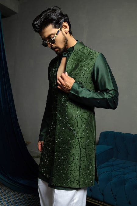 Runit Gupta_Green Chanderi , Vegan Embroidery Forest Long Bundi Jacket Set _at_Aza_Fashions