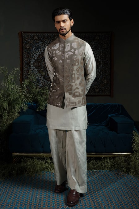 Runit Gupta_Green Chanderi Silk Embroidery Forest Amoeba Nehru Jacket _Online_at_Aza_Fashions