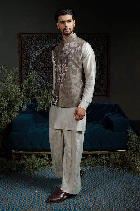 Buy_Runit Gupta_Green Chanderi Silk Embroidery Forest Amoeba Nehru Jacket _Online_at_Aza_Fashions