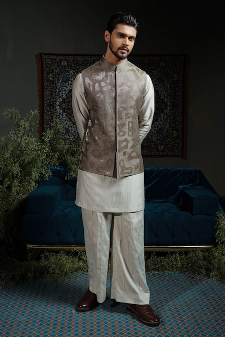 Shop_Runit Gupta_Green Chanderi Silk Embroidery Forest Amoeba Nehru Jacket _Online_at_Aza_Fashions