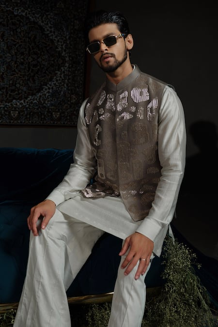 Runit Gupta_Green Chanderi Silk Embroidery Forest Amoeba Nehru Jacket _at_Aza_Fashions