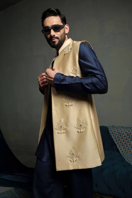 Shop_Runit Gupta_Cream Chanderi , Vegan Embroidery, Glitter Oat Latkan Bundi And Kurta Set _Online_at_Aza_Fashions