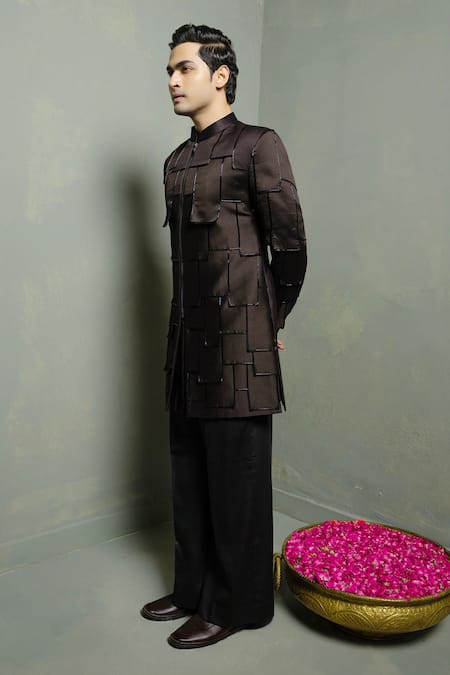 Runit Gupta_Black Silk Beads Bundi And Kurta Set _Online_at_Aza_Fashions