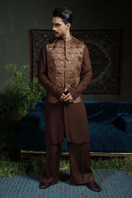 Buy_Runit Gupta_Brown Chanderi Silk Nehru Jacket _Online_at_Aza_Fashions