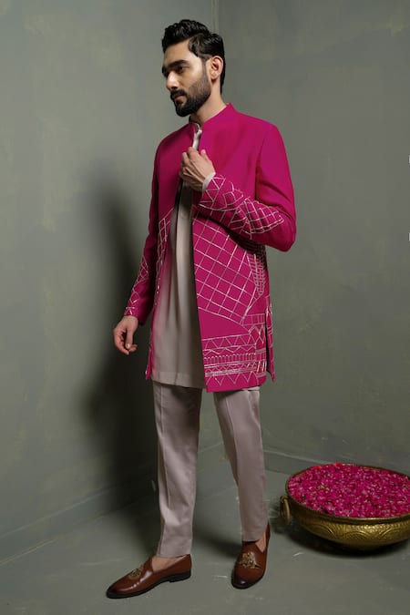 Runit Gupta_Pink Silk Embroidery Sherwani And Kurta Set _Online_at_Aza_Fashions