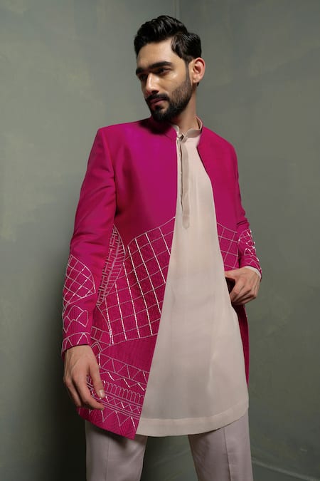 Buy_Runit Gupta_Pink Silk Embroidery Sherwani And Kurta Set _Online_at_Aza_Fashions
