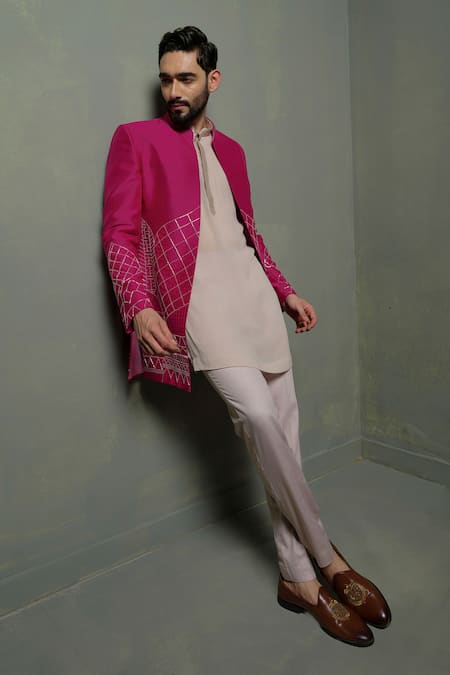 Shop_Runit Gupta_Pink Silk Embroidery Sherwani And Kurta Set _Online_at_Aza_Fashions