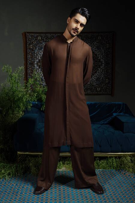 Runit Gupta_Brown Chanderi , Georgette, , Vegan Flap Bundi And Kurta Set _Online_at_Aza_Fashions