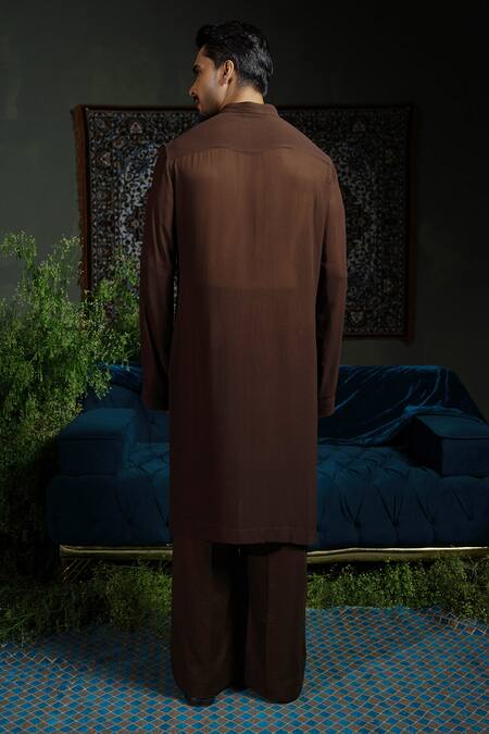 Buy_Runit Gupta_Brown Chanderi , Georgette, , Vegan Flap Bundi And Kurta Set _Online_at_Aza_Fashions