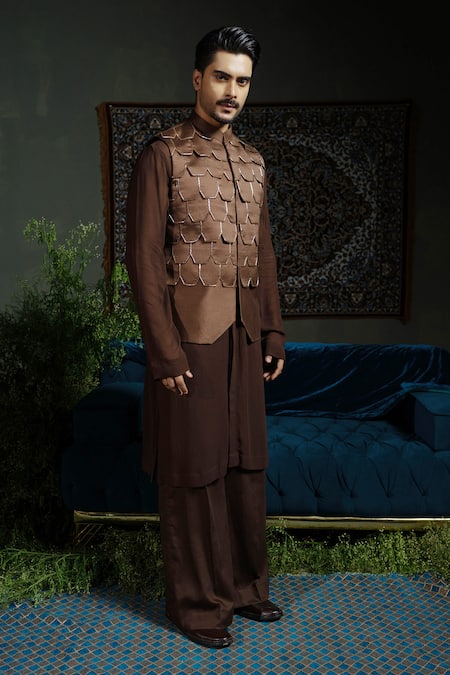 Runit Gupta_Brown Chanderi , Georgette, , Vegan Flap Bundi And Kurta Set _at_Aza_Fashions
