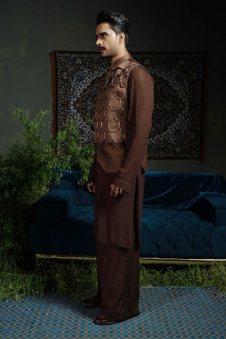 Buy_Runit Gupta_Brown Chanderi , Georgette, , Vegan Flap Bundi And Kurta Set 