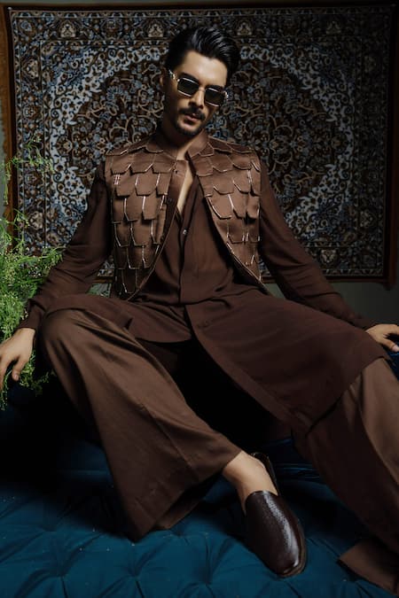 Shop_Runit Gupta_Brown Chanderi , Georgette, , Vegan Flap Bundi And Kurta Set 