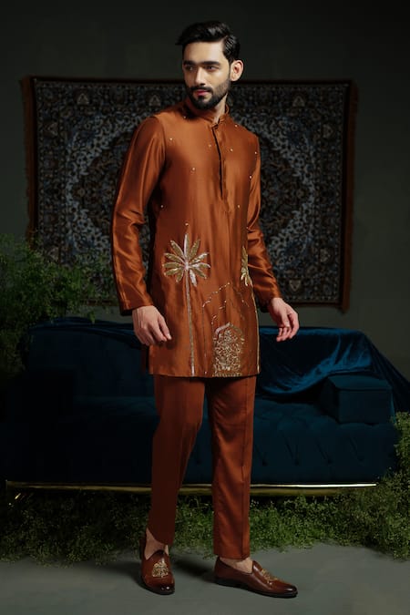 Runit Gupta_Rust Chanderi , Vegan Zari, Embroidery Kurta Set _Online_at_Aza_Fashions