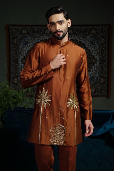 Buy_Runit Gupta_Rust Chanderi , Vegan Zari, Embroidery Kurta Set _Online_at_Aza_Fashions