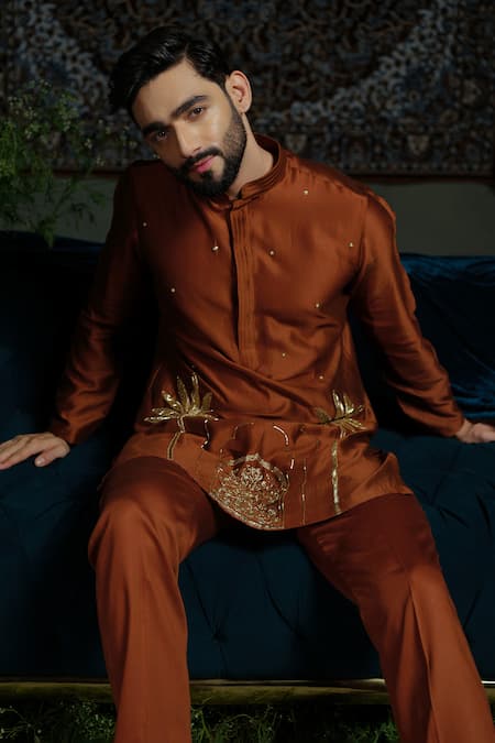 Shop_Runit Gupta_Rust Chanderi , Vegan Zari, Embroidery Kurta Set _Online_at_Aza_Fashions