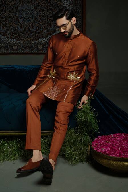 Runit Gupta_Rust Chanderi , Vegan Zari, Embroidery Kurta Set _at_Aza_Fashions