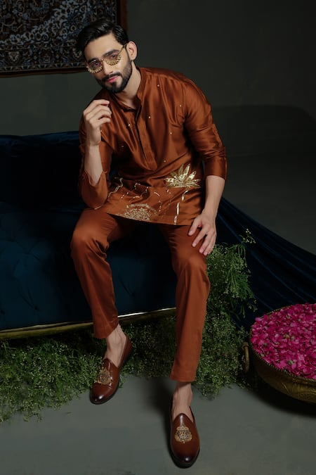 Buy_Runit Gupta_Rust Chanderi , Vegan Zari, Embroidery Kurta Set 