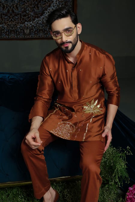 Shop_Runit Gupta_Rust Chanderi , Vegan Zari, Embroidery Kurta Set 
