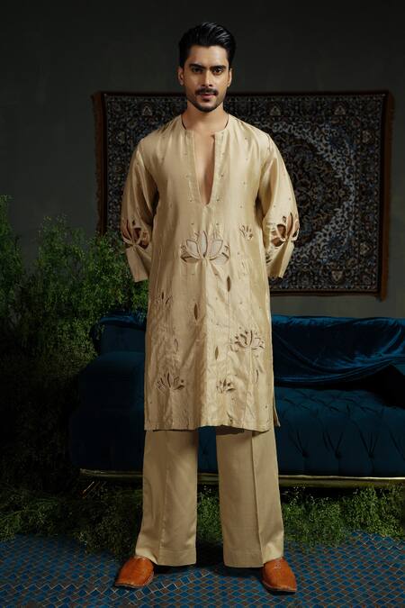 Runit Gupta_Beige Chanderi , Vegan Cut Work, Lotus Cutwork Modern Kurta Set _Online_at_Aza_Fashions