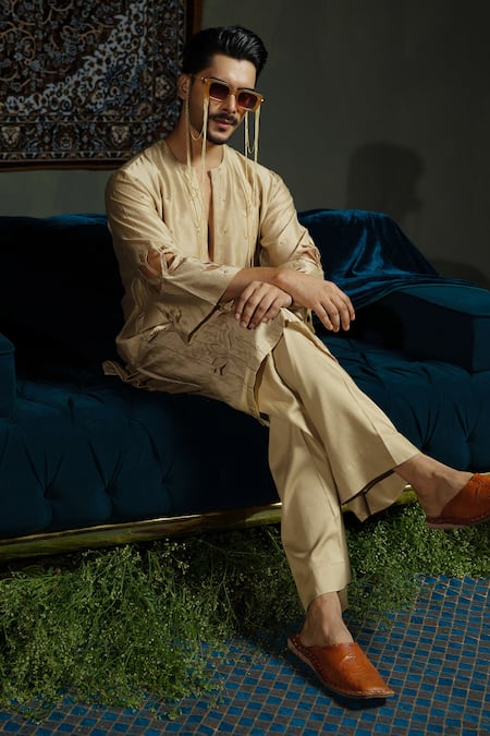 Shop_Runit Gupta_Beige Chanderi , Vegan Cut Work, Lotus Cutwork Modern Kurta Set _Online_at_Aza_Fashions