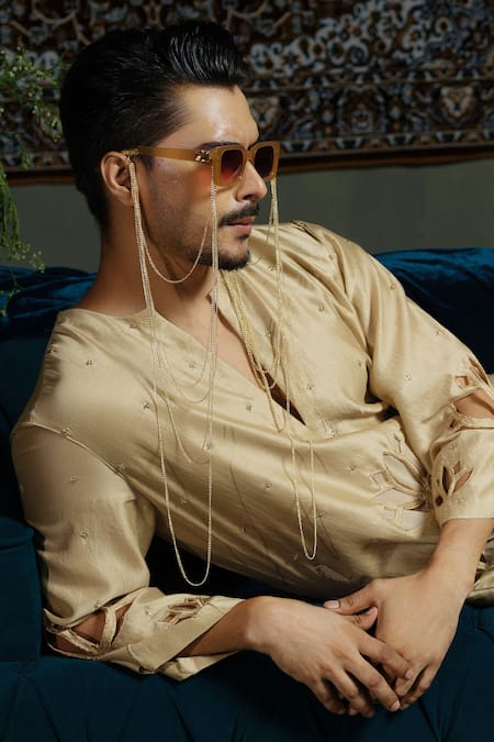 Runit Gupta_Beige Chanderi , Vegan Cut Work, Lotus Cutwork Modern Kurta Set _at_Aza_Fashions