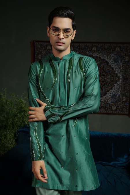 Runit Gupta_Green Chanderi , Vegan Flame In Forest Embellished Kurta Set _Online_at_Aza_Fashions
