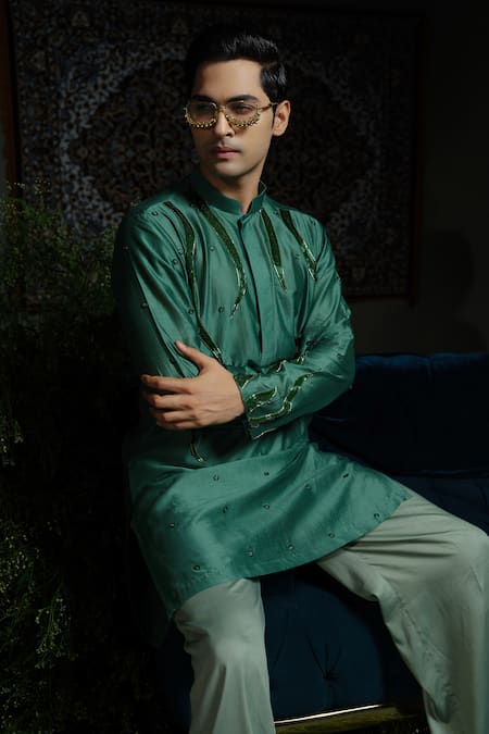 Buy_Runit Gupta_Green Chanderi , Vegan Flame In Forest Embellished Kurta Set _Online_at_Aza_Fashions