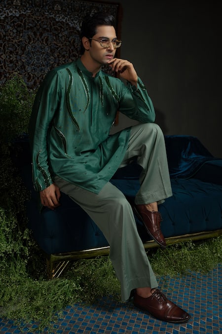 Shop_Runit Gupta_Green Chanderi , Vegan Flame In Forest Embellished Kurta Set _Online_at_Aza_Fashions
