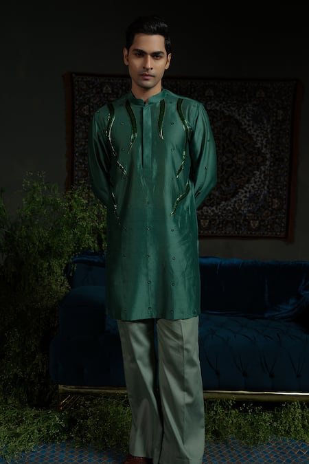 Runit Gupta_Green Chanderi , Vegan Flame In Forest Embellished Kurta Set _at_Aza_Fashions