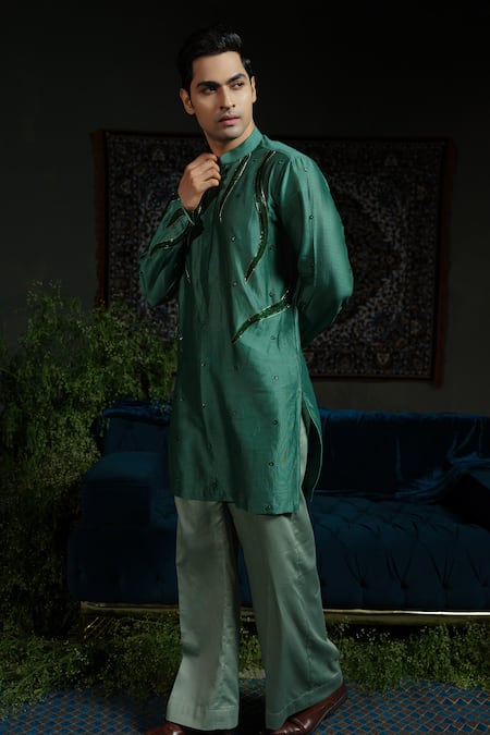 Buy_Runit Gupta_Green Chanderi , Vegan Flame In Forest Embellished Kurta Set 